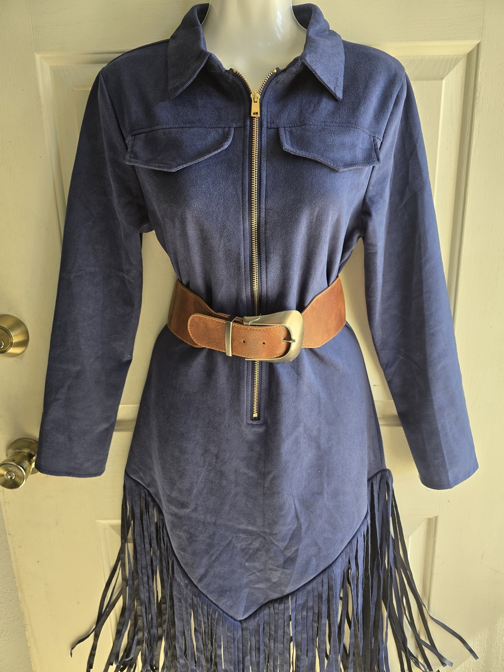 Navy Western Bohemian Faux Suede Zip-Front Dress with Fringe